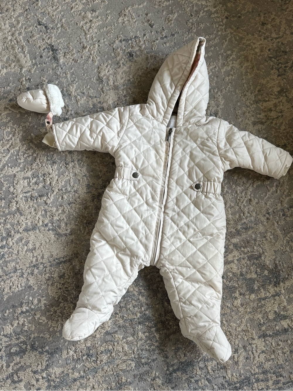 BURBERRY Baby Quilted Hooded One-Piece Snowsuit in Cream